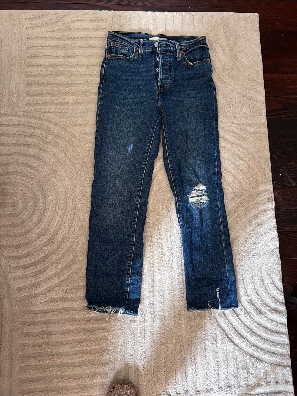 Levi’s Wedgie Straight Dark Wash Distressed Button-Fly Jeans